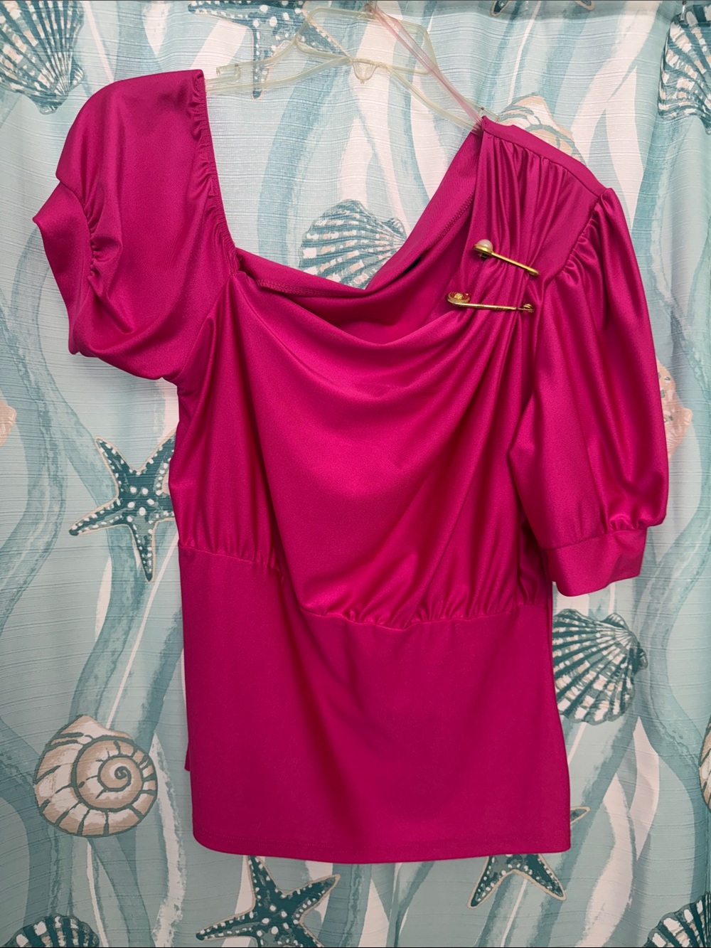 Fuchsia Draped One-Shoulder Top with Gold Pin Detail